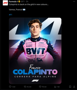 Colapinto acelera hacia la historia y regresa con todo a la F1 1 tweet